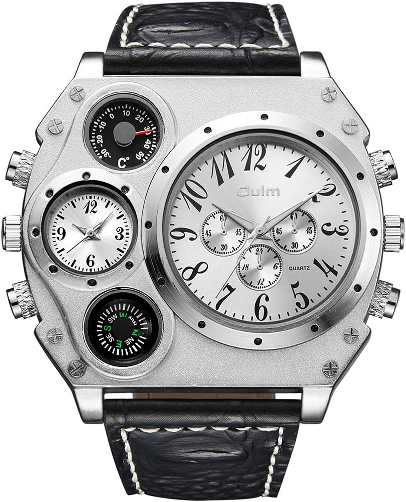 FANMIS Mens Military Sports Quartz Wrist Watch Two Time Zone Compass and Thermometer Decorative Dial Leather Strap Cool Watch