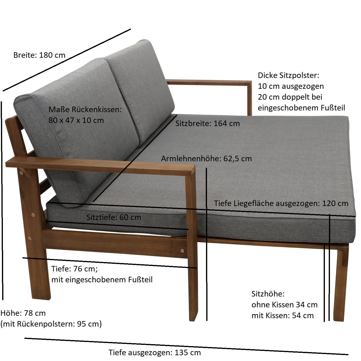 DEGAMO Gartensofa Liegesofa Parana 180x136cm ausziehbar, Akazienholz braun gölt, mit Polsterauflagen grau, Indoor und Outdoor