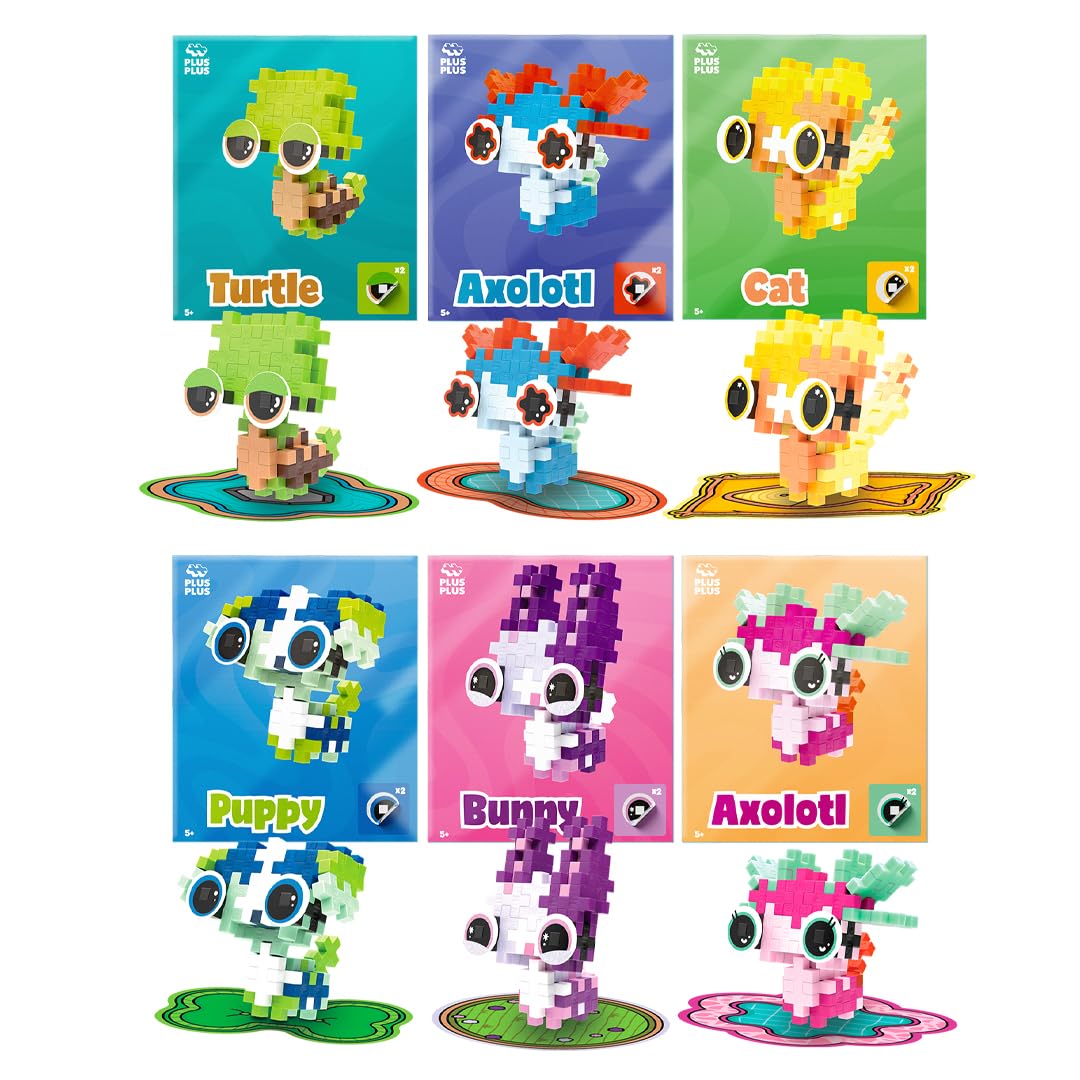 PLUS PLUS Building Blocks Toy, Pets Pack Bundle, 6 Packs Include Adoring Axolotl, Bashful Bunny, Tired Turtle, Curious Cat