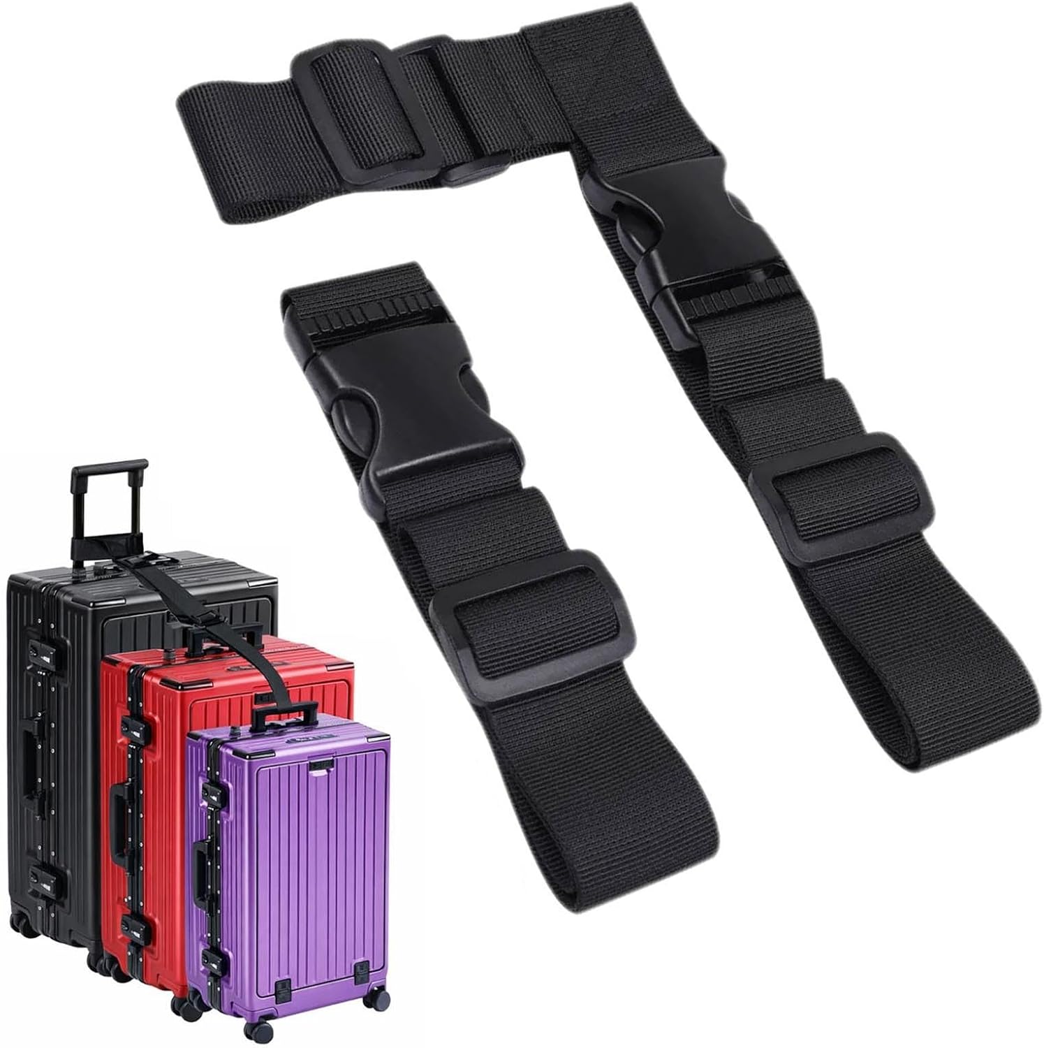 2 Pack Luggage Connector Straps for Suitcases, Add a Bag Strap with Adjustable Buckle, T-Type & Standard Suitcase Strap to Connect 2 or 3 Luggage (Black)
