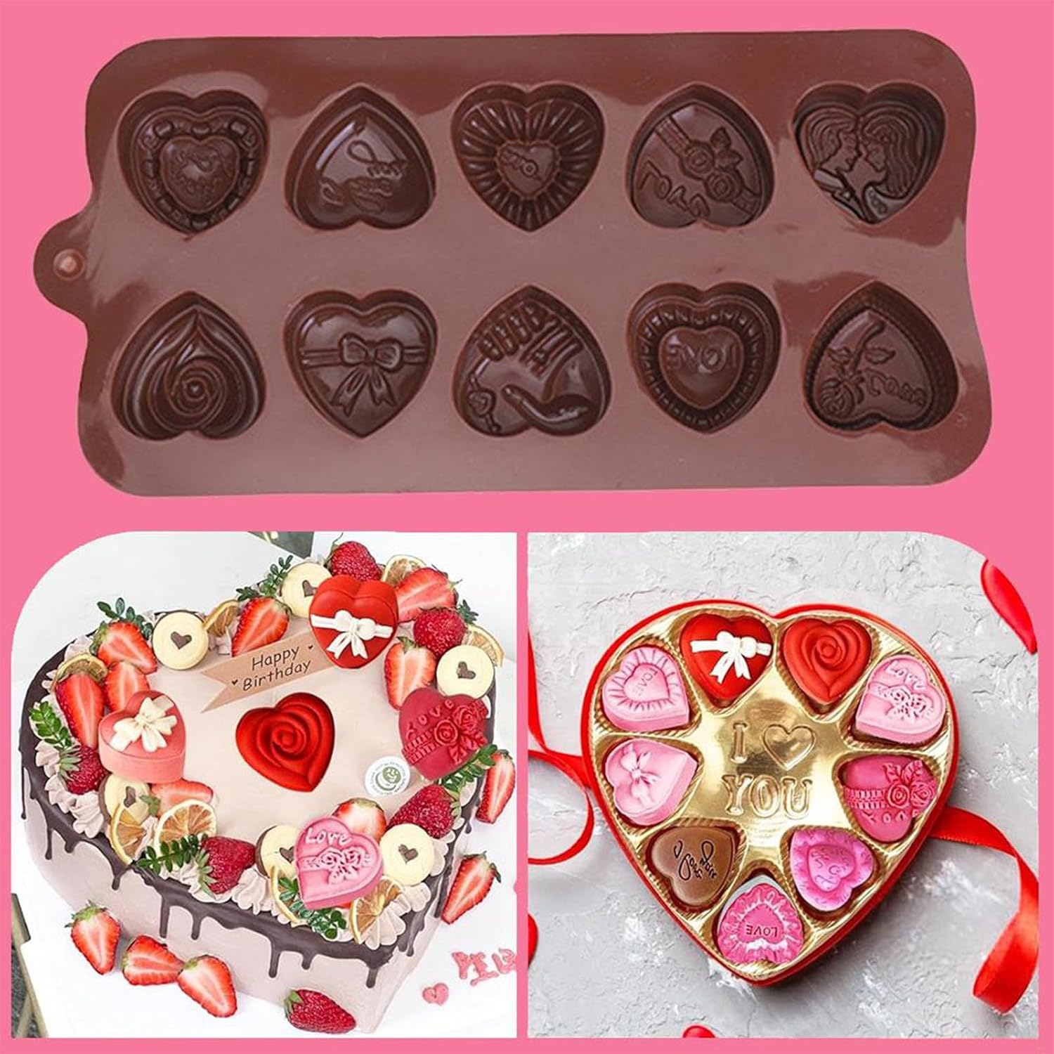 2 PCS Heart Chocolate Molds, 10-Design Love Rose Silicone Molds, Non-Stick Baking Moulds for Valentine's Day DIY Chocolate, Candy, Gummy, Ice Cubes Making - Image 2