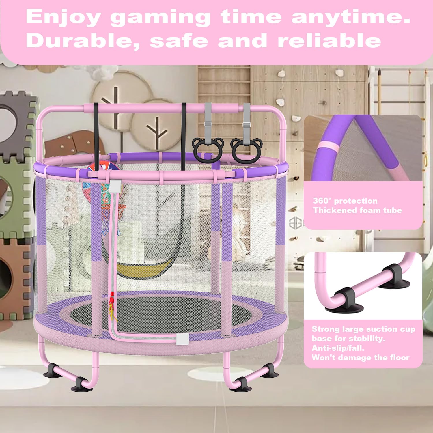 Kindertrampolin, Trampolin für Kinder,Indoor Trampoline Kinder，mit Basketballkorb, Schaukel, Zugring, geeignet für Innen- und Außenbereich(rosa-violett)
