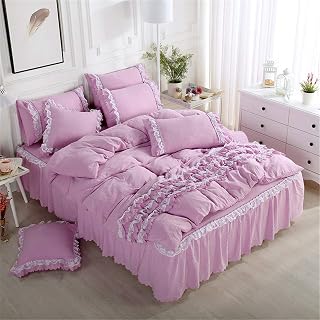 Beautiful Girl's 100% Cotton Bedding Set Lace Duvet Cover,Solid Color European Style Princess Lace Ruffle Washed Cotton Bedding Set King Duvet Cover with Skirt and Pillowcase Blue Happy House