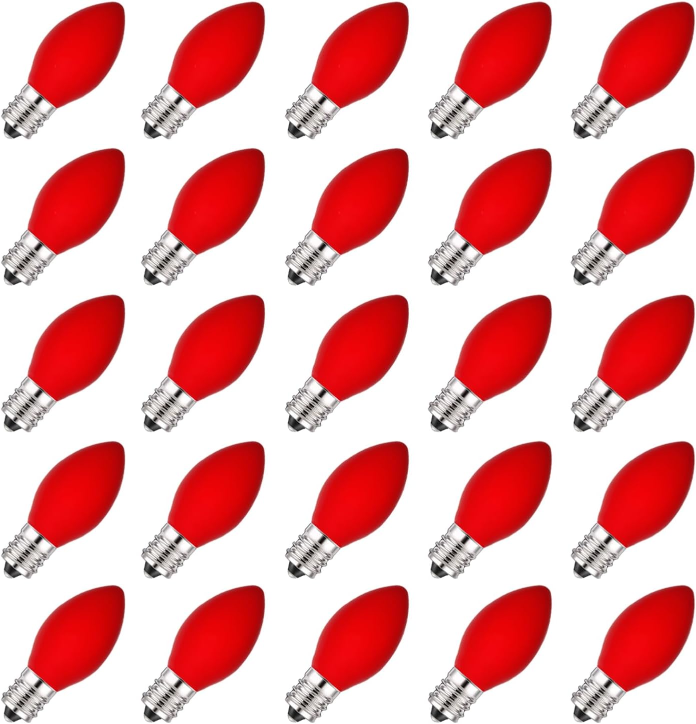 C7 Red Valentines Christmas Replacement Bulbs, 25 Pack C7 Incandescent Light Bulbs Vintage Ceramic Red Light Bulbs for Christmas String Lights Valentines Decor, E12 Candelabra Base, 5 Watts