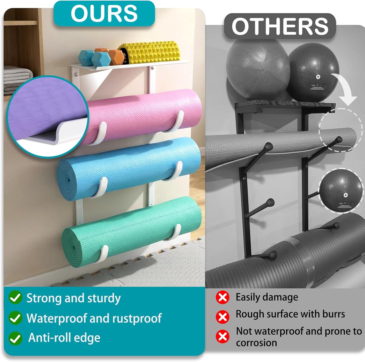 Yoga Mat Holder Wall Mount, No-Tie Pilates Mat Storage Rack with Top Floating Shelf, 4-Tiers Holding Yoga Blocks/Rollers and Exercise Mat, Workout Mat, Home Gym Equipment Accessories