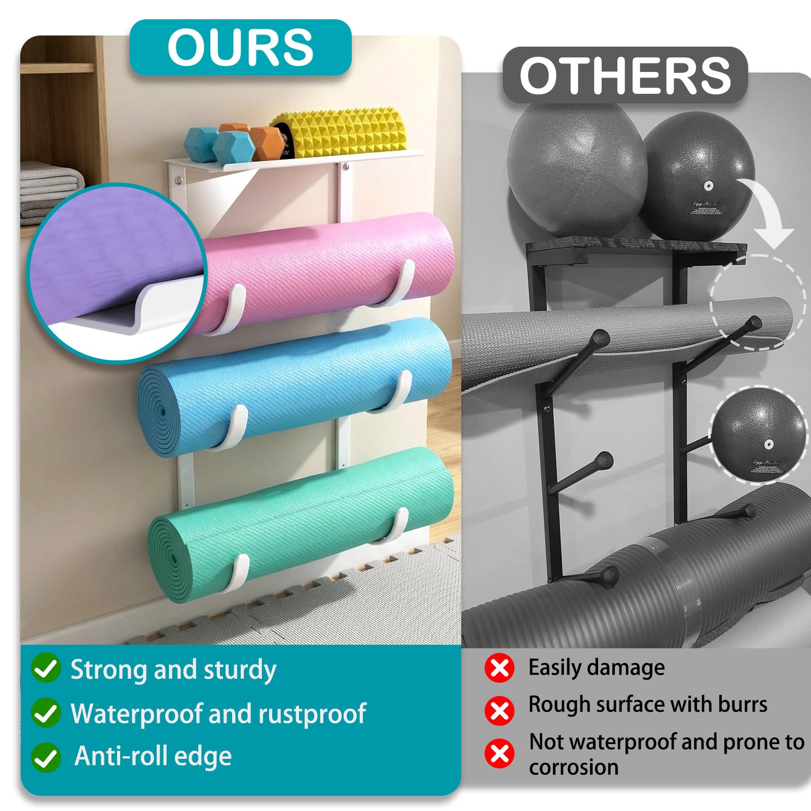 Yogamattenhalter, Wandhalterung, Yogamatten-Aufbewahrungsregal mit Gummibeschichtung, kein Binden für Yogamatte, Pilates-Matte, Gymnastikmatte, Fitnessmatte und Übungsmatte