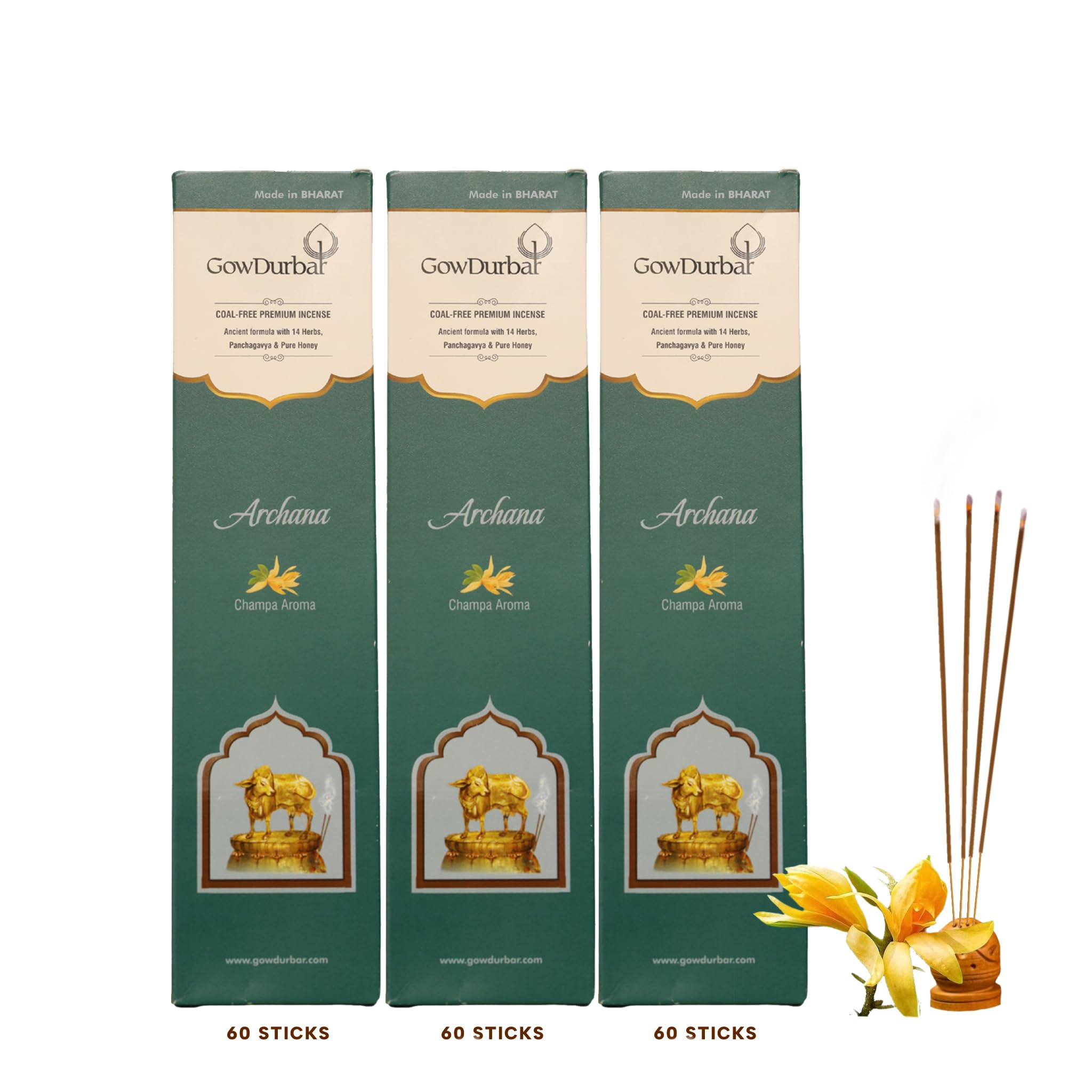 GowDurbar Archana Champa Flower Agarbatti 90g (Pack of 3) | Organic Incense Sticks with Panchagavya & Pure Honey | Floral Aroma for Pooja, Yoga & Meditation-image-44