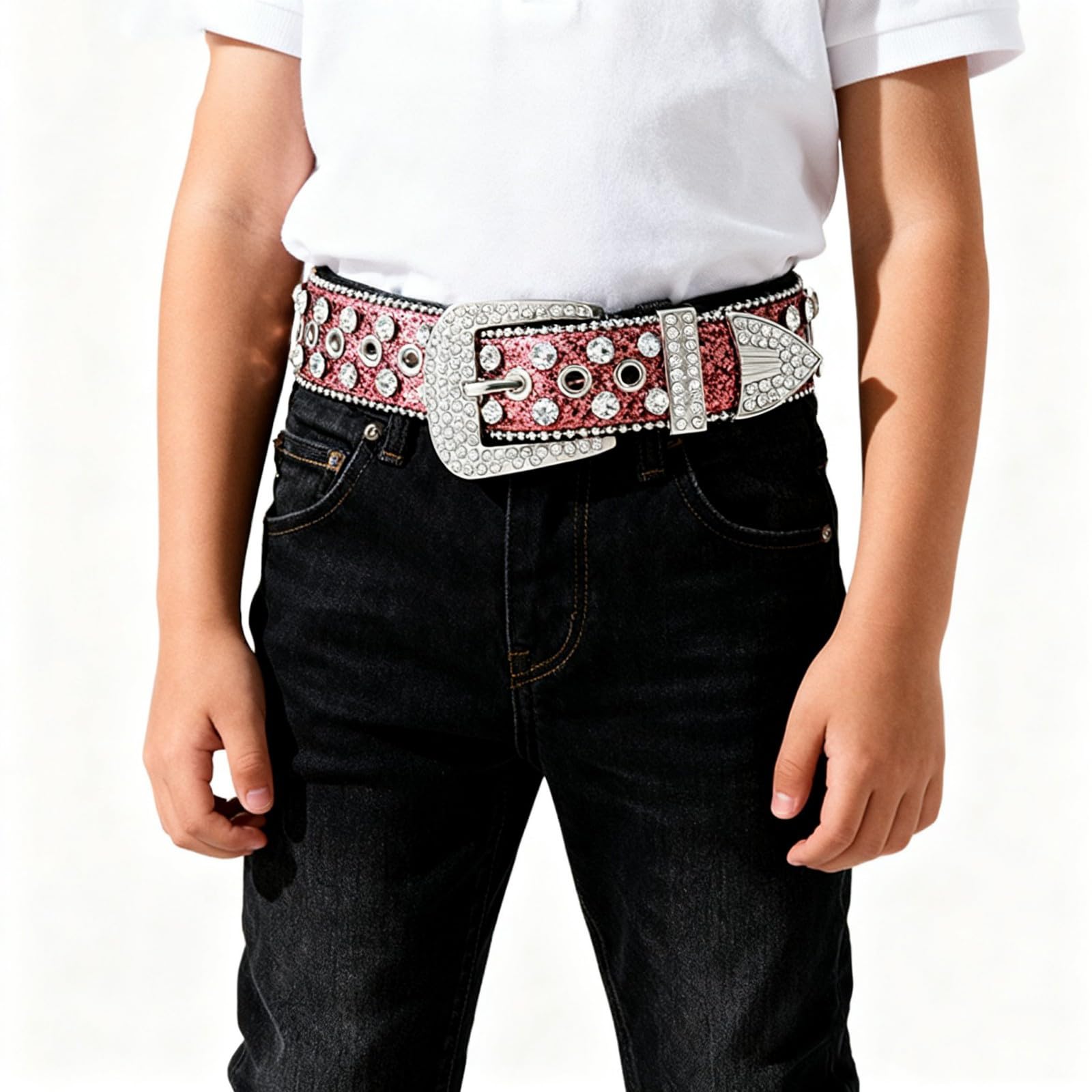 Greabuy Cinturón flexible con hebilla de aleación de 105 cm, 3,5 cm de ancho, correa de poliuretano decorada con diamantes de imitación, cinturón ancho ajustable para hombres y mujeres