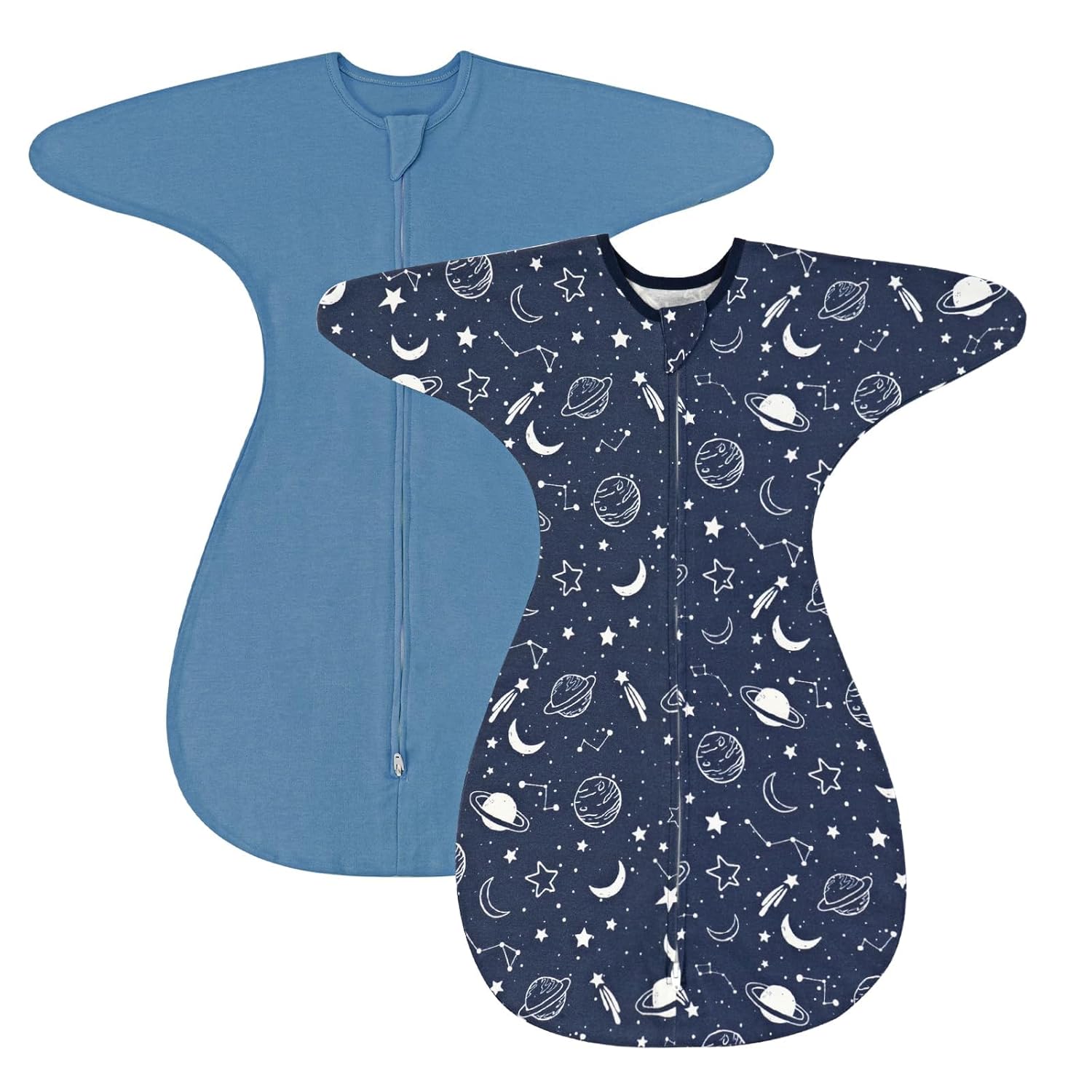 ZIGJOY Shark-Fin Transition Swaddle - 1.0 Tog Baby Sleep Sack Soft Cotton Transitional Swaddle Baby Wearable Blanket with 2-Way Zipper for All Seasons, Space&Blue, 3-6 Months 2 Pack-space&blue 3-6 Months