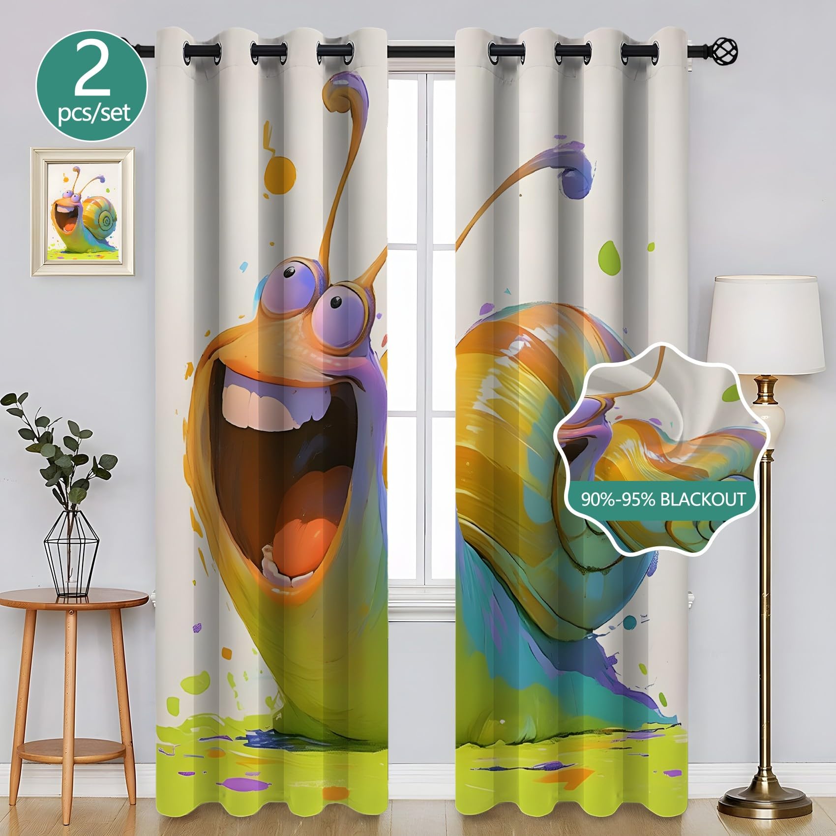 Genérico Izolowane termicznie zasłony zaciemniające 2 sztuki - 140x145cm, ślimak żółto-zielony, zasłony dekoracyjne salon/sypialnia, z pierścieniem do zasłony SA1568
