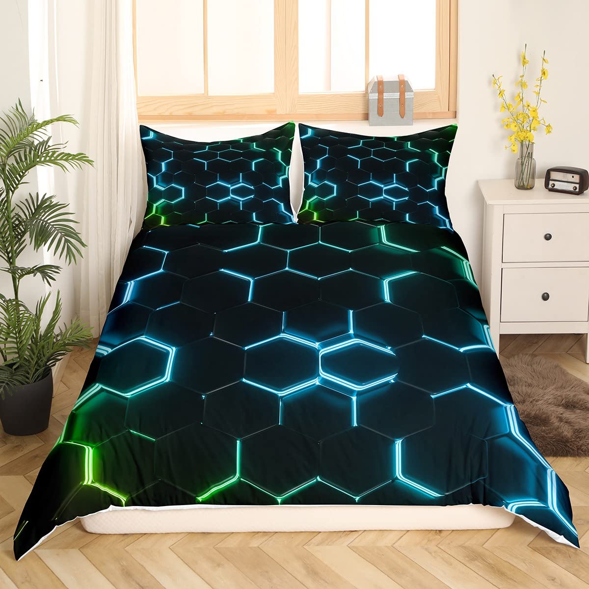 Teal Green and Black Print Duvet Cover Hexagonal Bedding Set Kids Boys Teens Honeycomb Decor Comforter Cover Beehive Geometric Bedspread Cover Bedroom Collection 2Pcs Single Size - Image 4