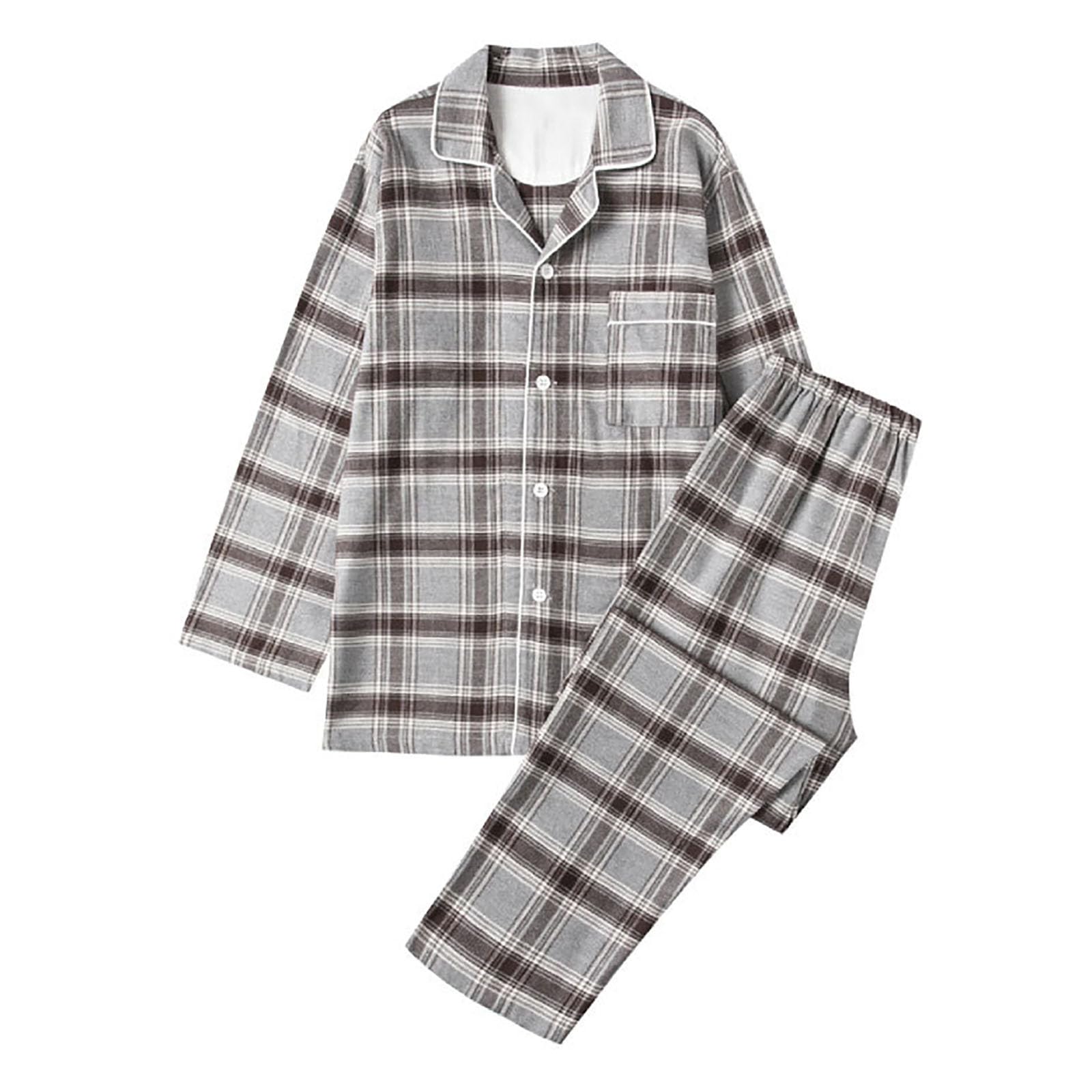 Conjunto de Pijama de otoño e Invierno para Hombre, Estampado de Cuadros, Camiseta y pantalón Manga Larga con Cuello, Ropa de casa acogedora_1