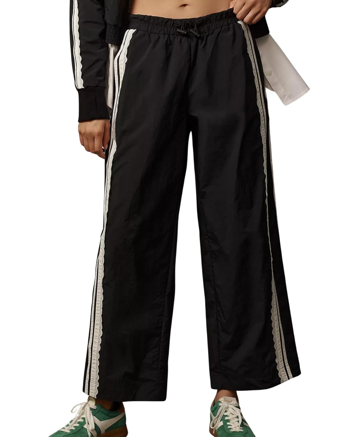 Women Side Stripe Pants Y2k Elastic Waist Wide Leg Baggy Track Pant Lace Trim Parachute Pants with Pockets