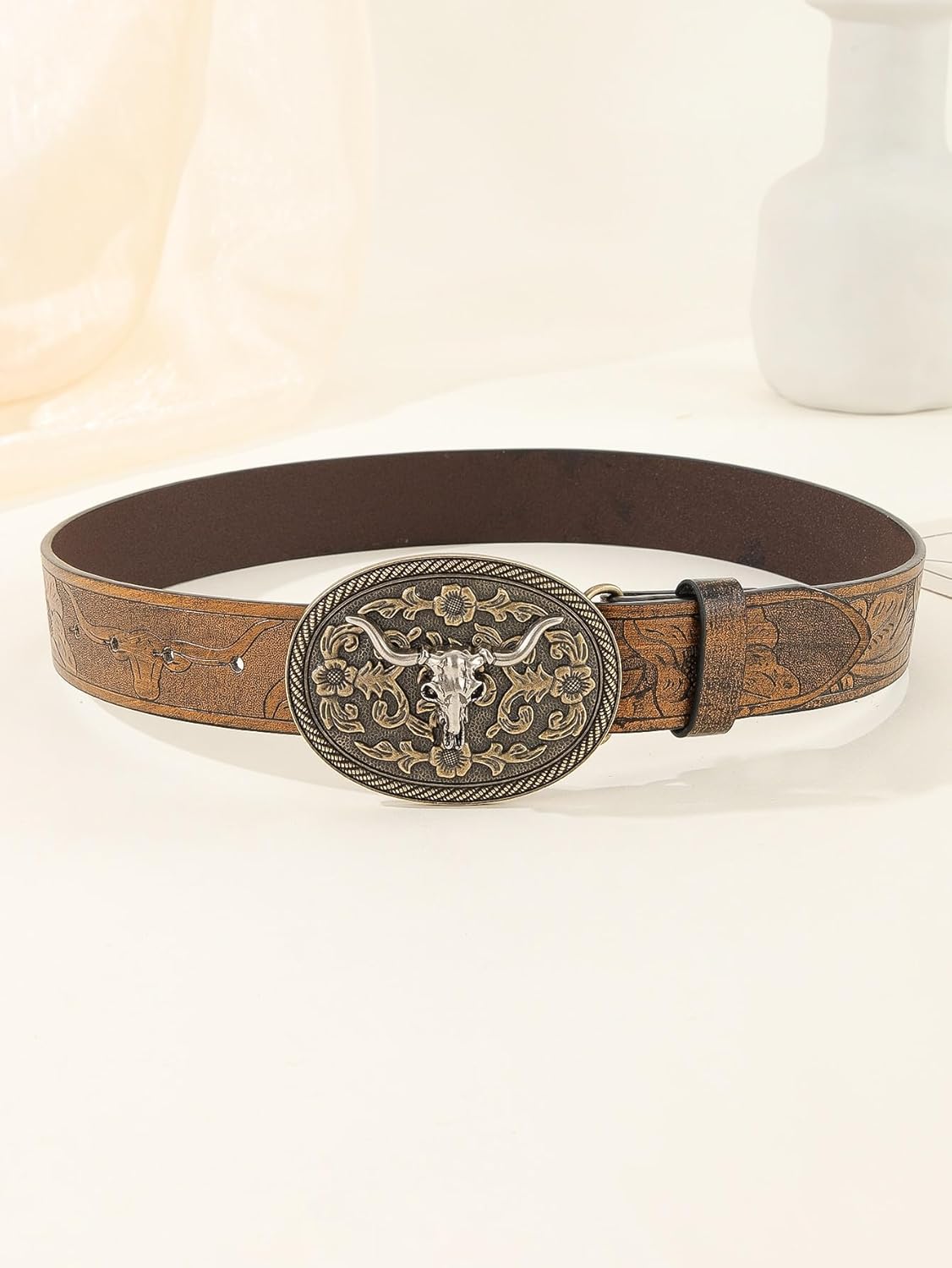 Women's Retro Vintage Western Country Belt Metal Buckle Faux Leather Floral Waist Belts - Image 3