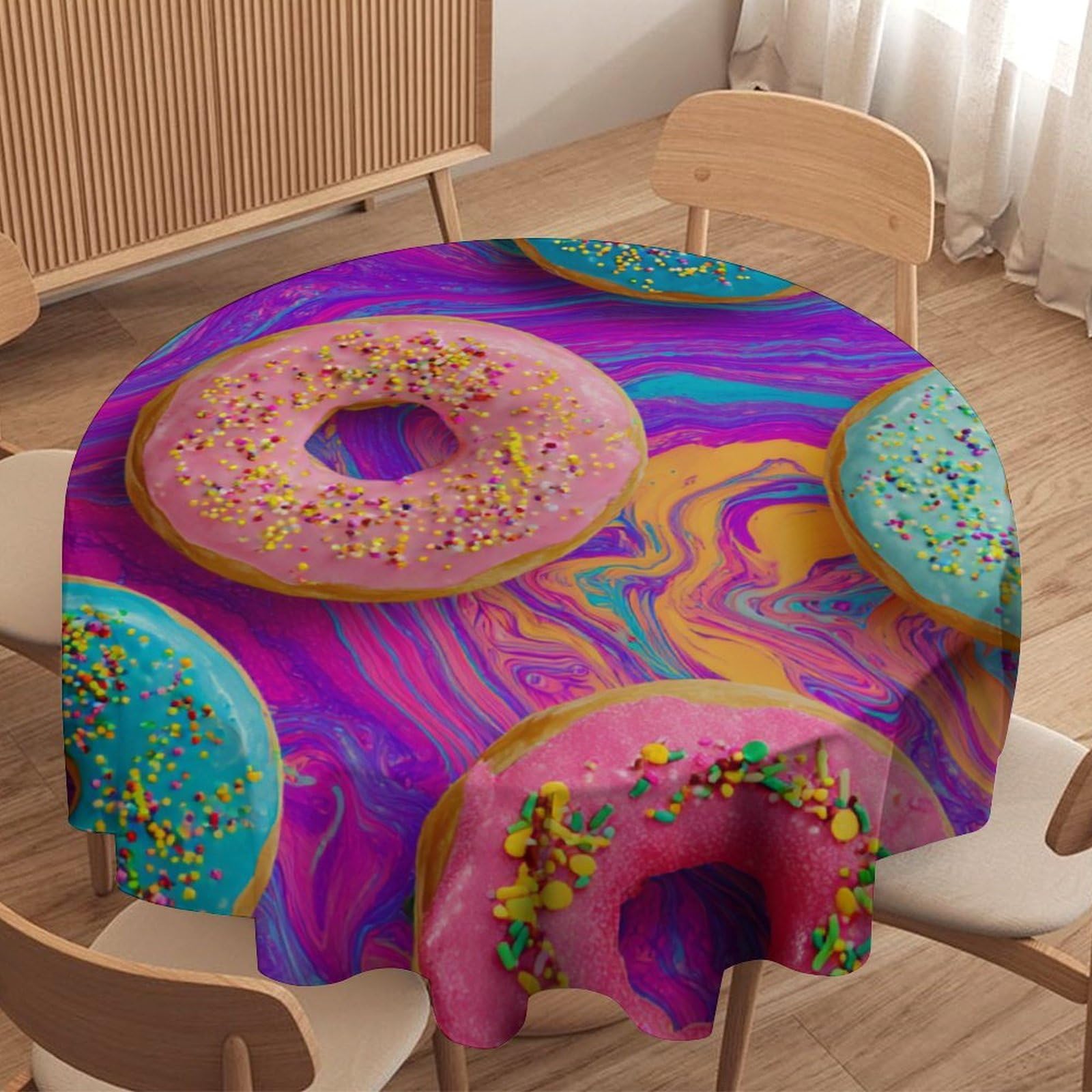 LUYYSKY Beautiful Funny Colorful Donut Waterproof Round Tablecloth Modern Cartoon Art Sweets Food Theme Donuts Pattern Washable Table Cover for Kitchen-177.8" Wx177.8 L cm