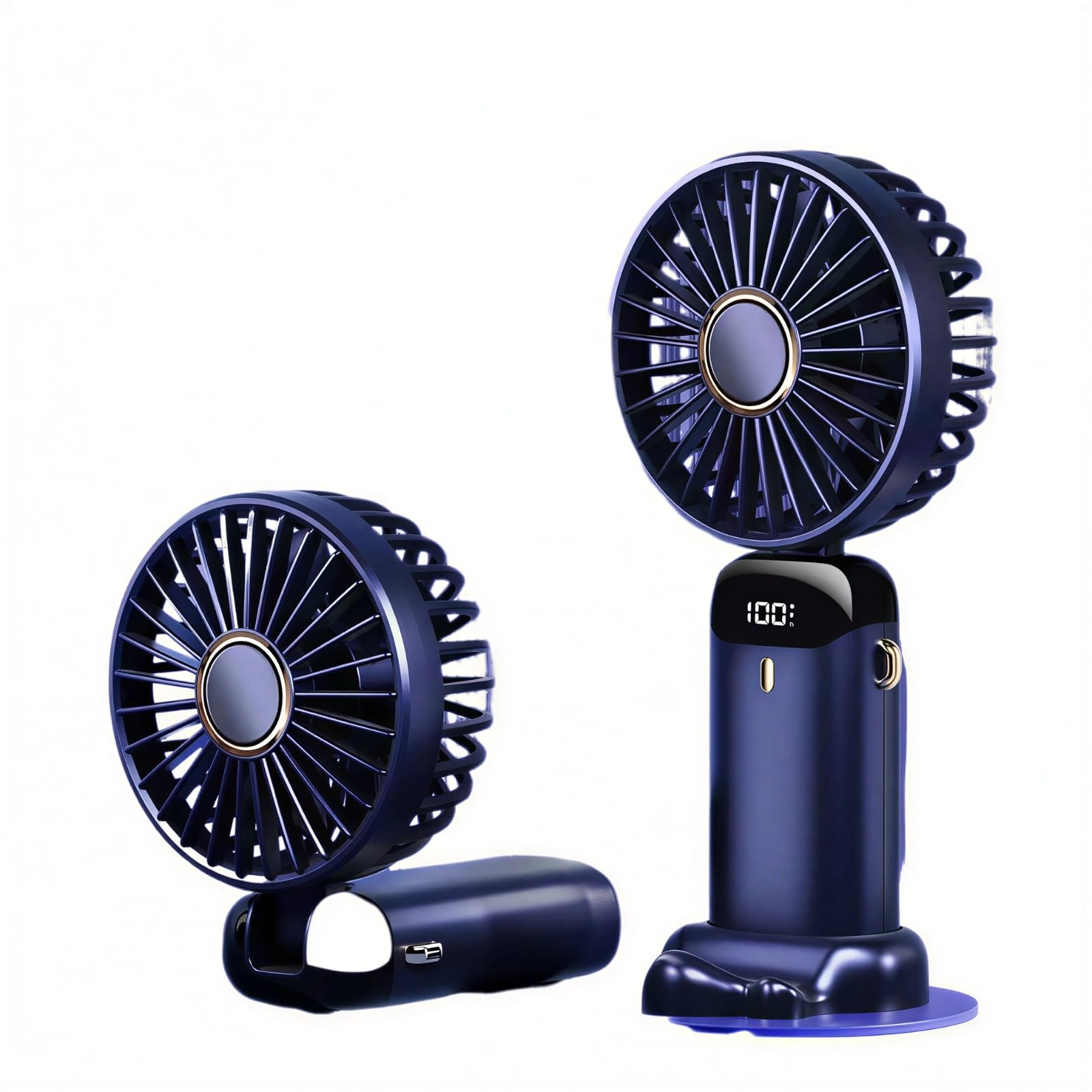 Portable Hand Held Fan, Handheld USB Rechargeable Fans with Variable 5 Speeds, Mini Fan Foldable Desk Desktop Fans with LED Display for Home Office Bedroom Outdoor and Travel (Deep blue)