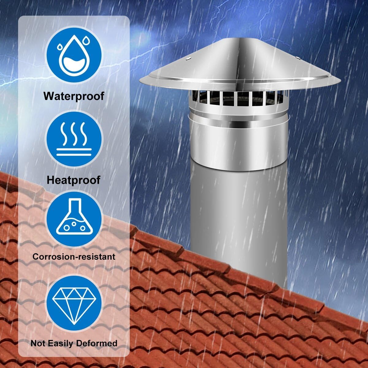 6 Inch Cone Top Chimney Cap with Screen, Stainless Steel Cone Cap Outside Roof Fireplace Screen Cover Stove Pipe Topper for Vent Flue Family Kitchen Cooking,Silver