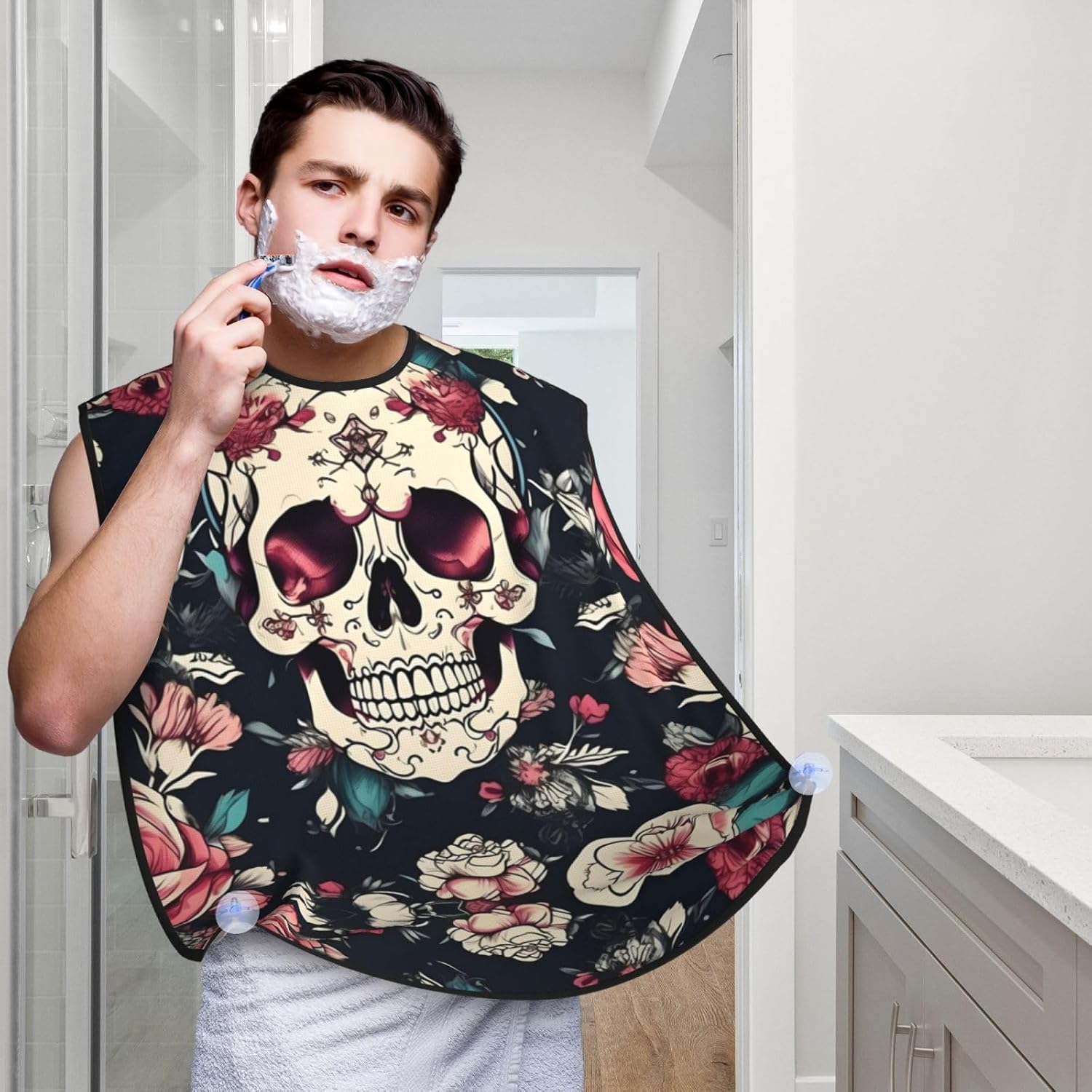 Flowers Skull Ornamental Pattern Print Beard Bib Apron For Men, Beard Hair Catcher For Men Shaving Trimming,Beard Cape Cloth