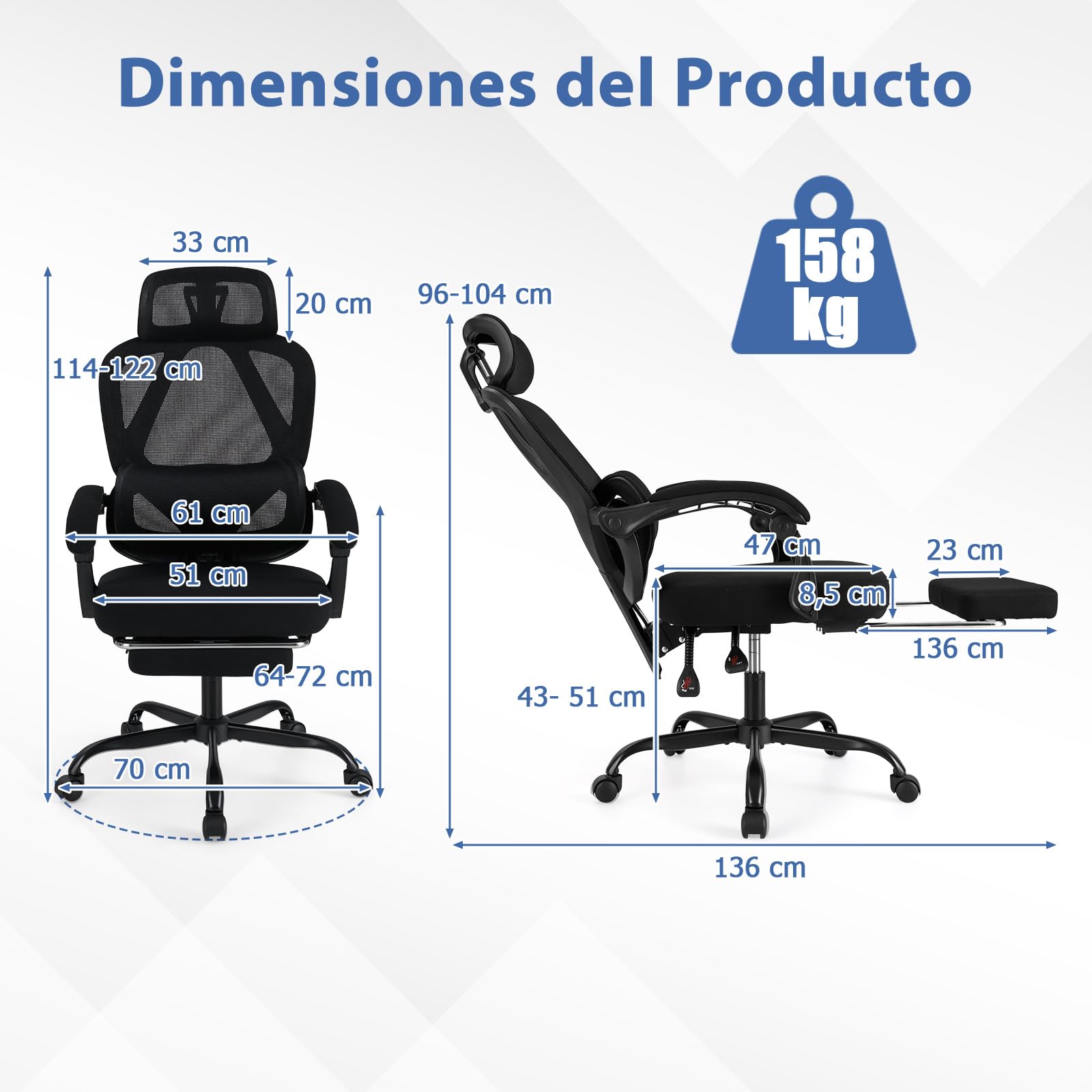 COSTWAY Silla Oficina Ergonomica, Respaldo Alto de Malla y Reposapiés Retráctil, Silla Gaming, Respaldo Inclinable, Reposacabezas, Altura y Soporte Lumbar Ajustables, Office Chair Ruedas