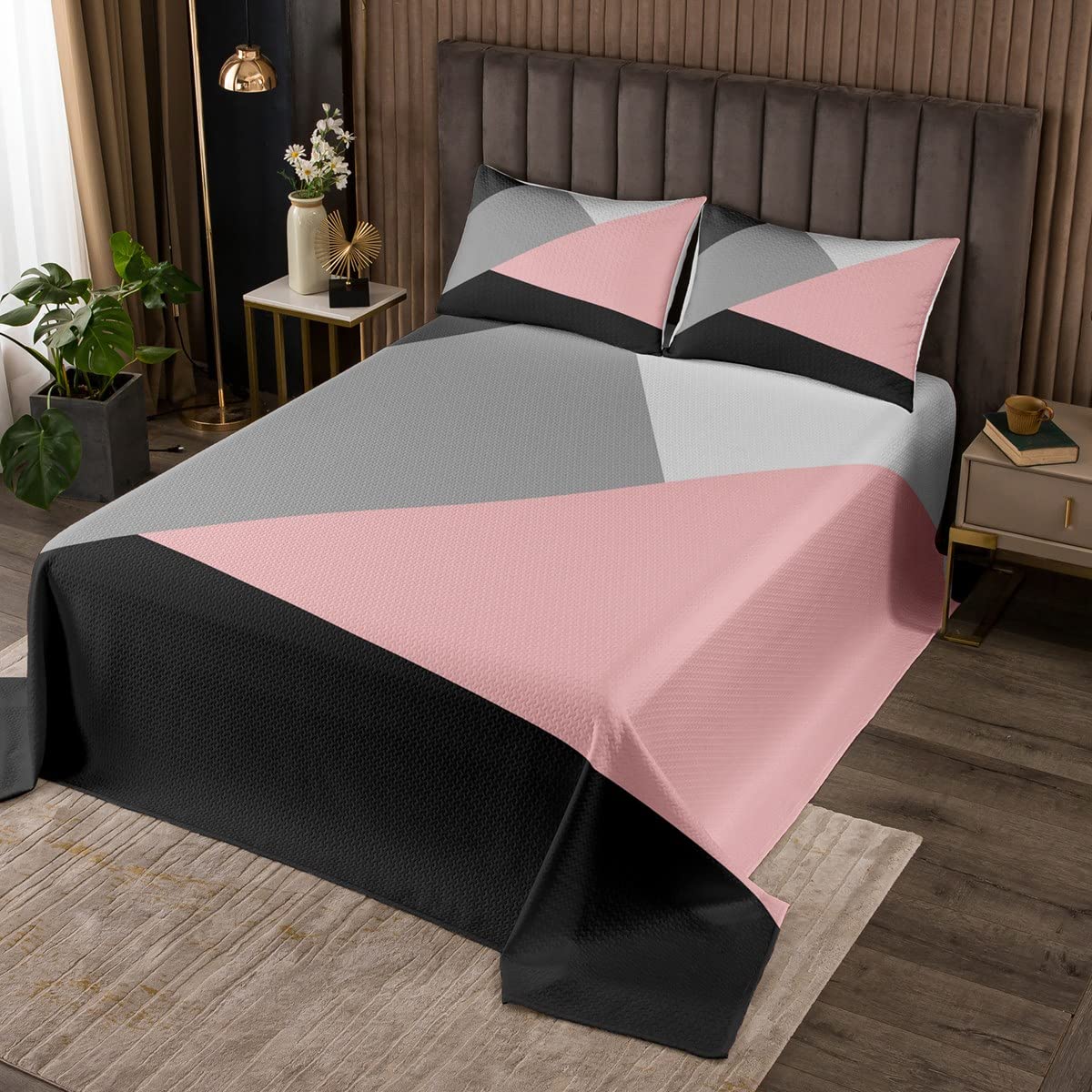Erosebridal Black Grey Pink Bedspread Set Twin Geometric Triangle Quilt Set for Kids Girls Women Geometry Coverlet Set Light Gray Dark Gray Bed Set 1 Pillow Case Modern Room Decor