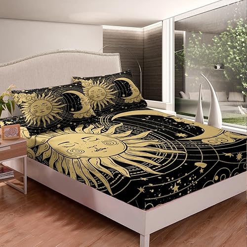 Miniatura 3 de Erosebridal Sábana bajera ajustable de sol y luna, planetas amarillos, estrellas, funda de cama individual de galaxia mística y fisélica, juego de