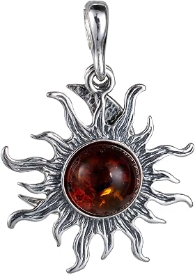 Amber Jewelry for Women - Sterling Silver Baltic Amber Sun and Crescent Moon Pendant Necklace, Includes 925 Sterling Silver Chain, Made in Poland
