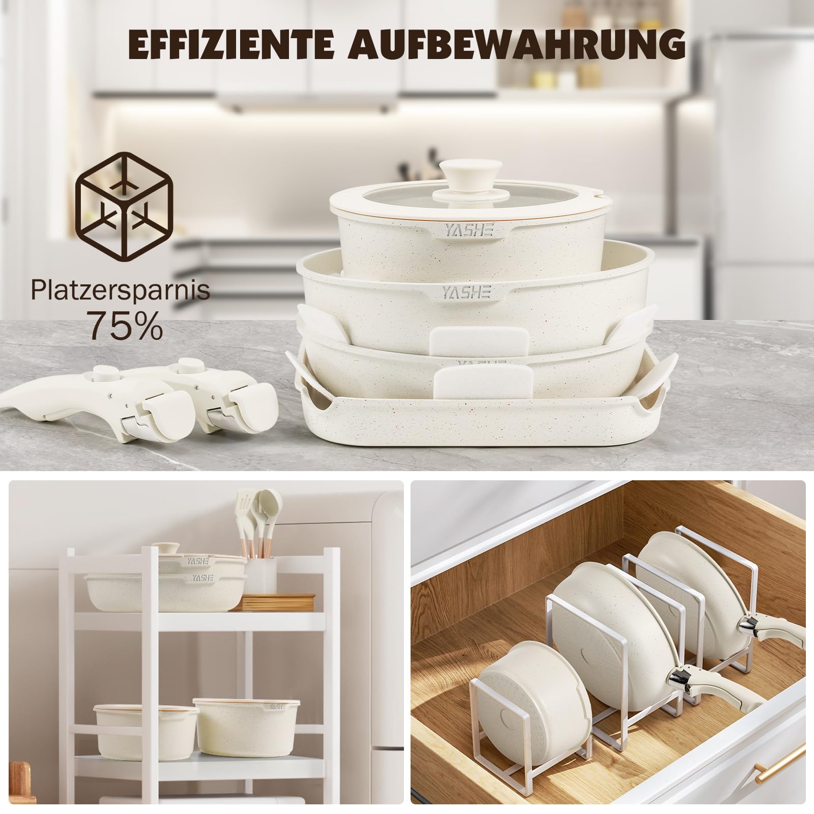 YASHE 21-teiliges Topf- und Pfannen-Set, antihaftbeschichtet, mit abnehmbaren Griffen und Glasdeckel, induktionsgeeignet, ofenfest, stapelbar, Weiß