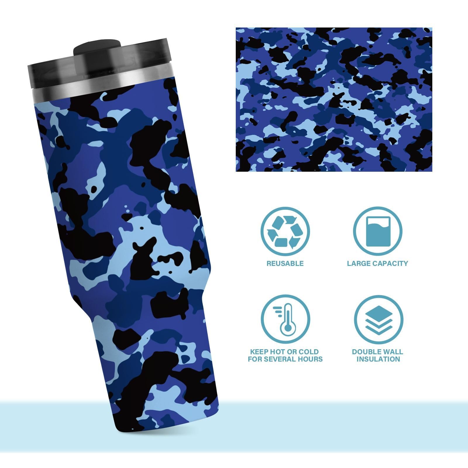 Isolierter Trinkbecher, doppelwandig, Edelstahl, Thermobecher, Reisebecher mit Griff, Strohhalm-Deckel, Blau