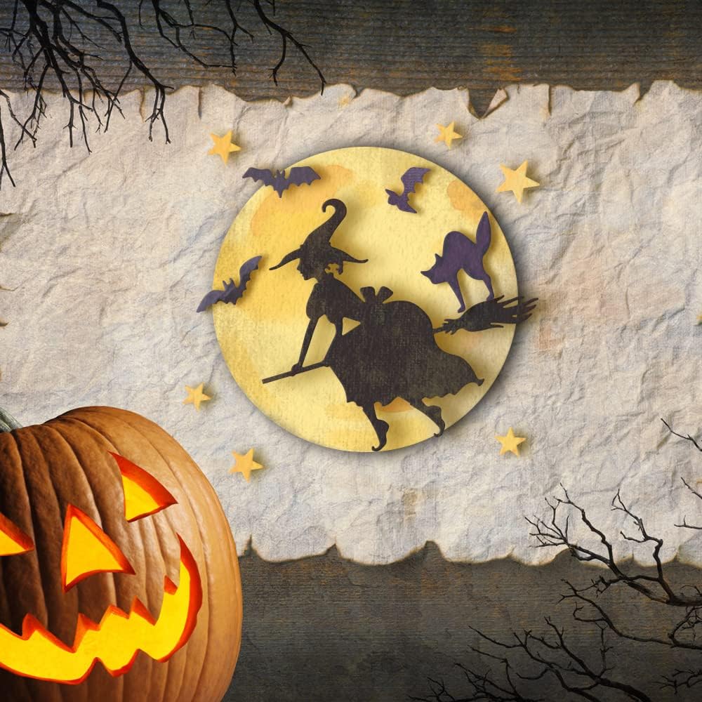 Hying Halloween Witch Broomstick Dies for Card Making, Bats Cat Cutting Die for Scrapbooking Paper Crafting Decor DIY Photo Album