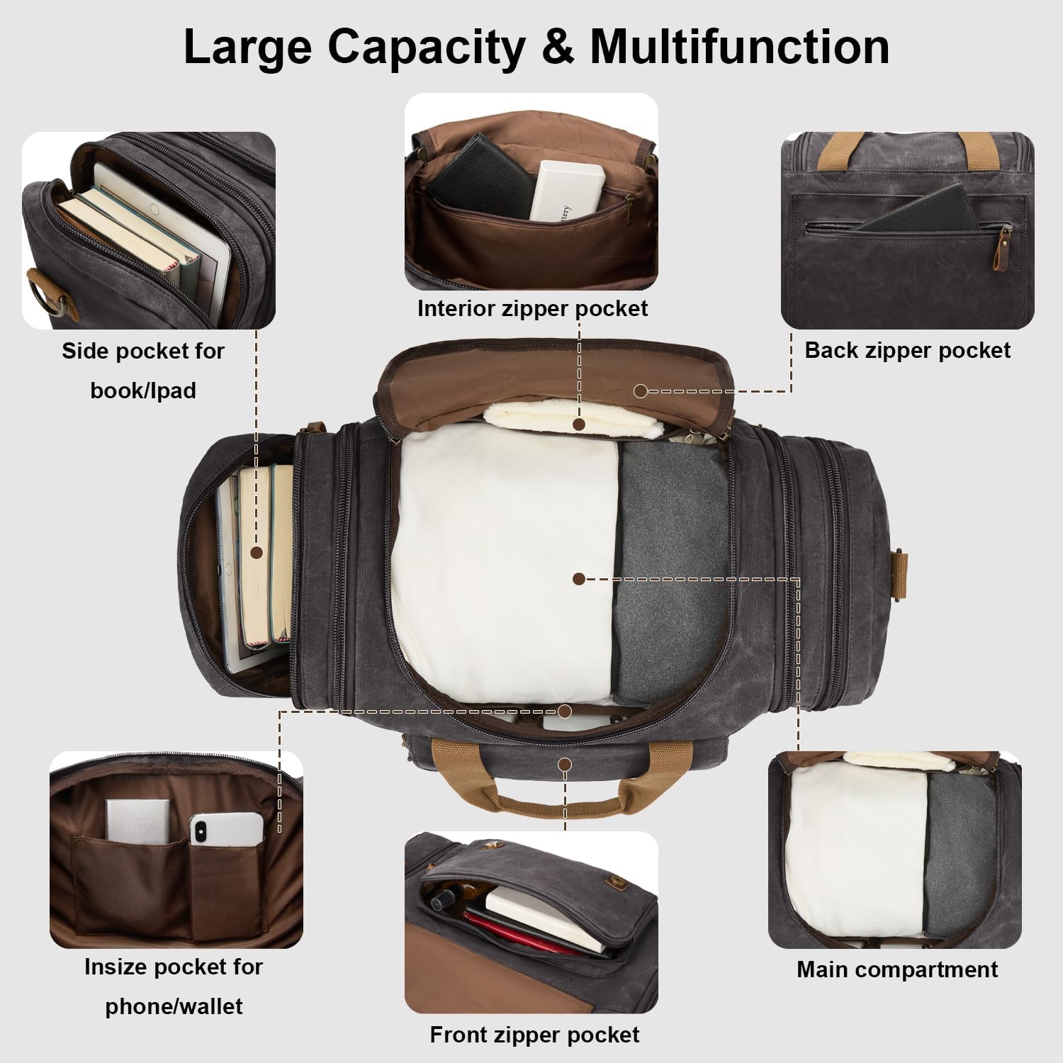 Waxed Canvas Duffel Bag 50L Waterproof Duffle Bag Travel Overnight Weekender Bag - Image 4