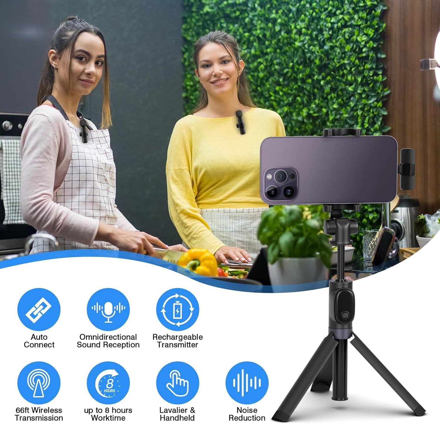 Microfono Lavalier wireless compatibile con iPhone/iPad e dispositivi di tipo C. 4 varianti disponibili con 2 varianti con variante Lightning e variante Tipo C (Plug and Play) (IOS - 2 Mic)