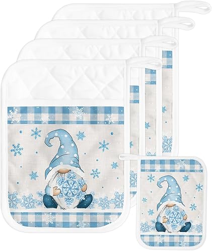 Miniatura 8 de Juego de 4 agarraderas de gnomos de Navidad para cocina, antideslizantes y aislantes de calor, juego de agarraderas de tela de toalla con bolsillo,