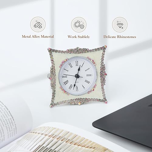 Miniatura 4 de KEYPOWER Reloj de mesa pequeño de cuarzo analógico de escritorio esmaltado con marco decorativo de diamante de cristal, para el hogar, dormitorio,