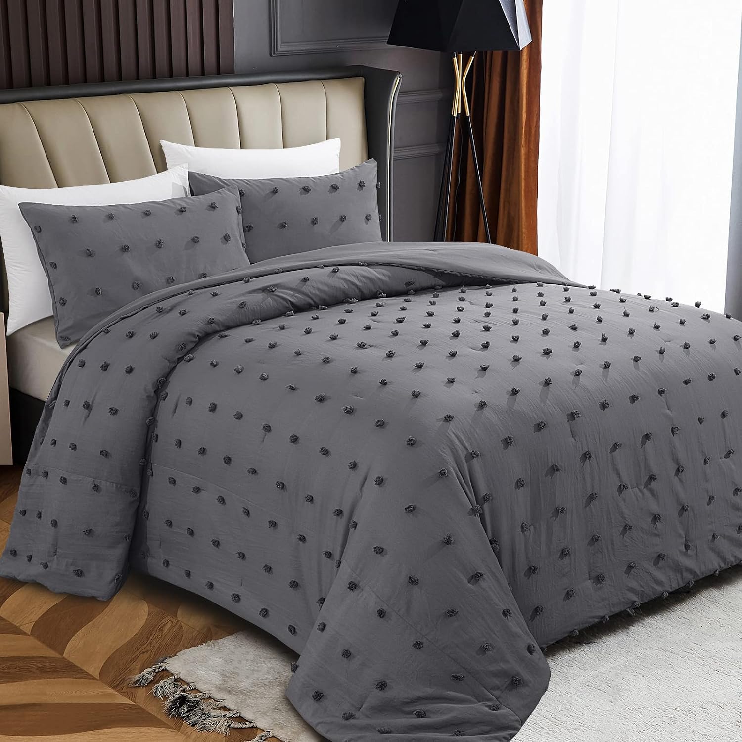 HOMBYS Oversized King Boho Comforter Set 120x120, Pom Pom Jacquard Bedding Comforter for King Bed, Shabby Chic Bed Sets with 2 Matching Pillow Cases