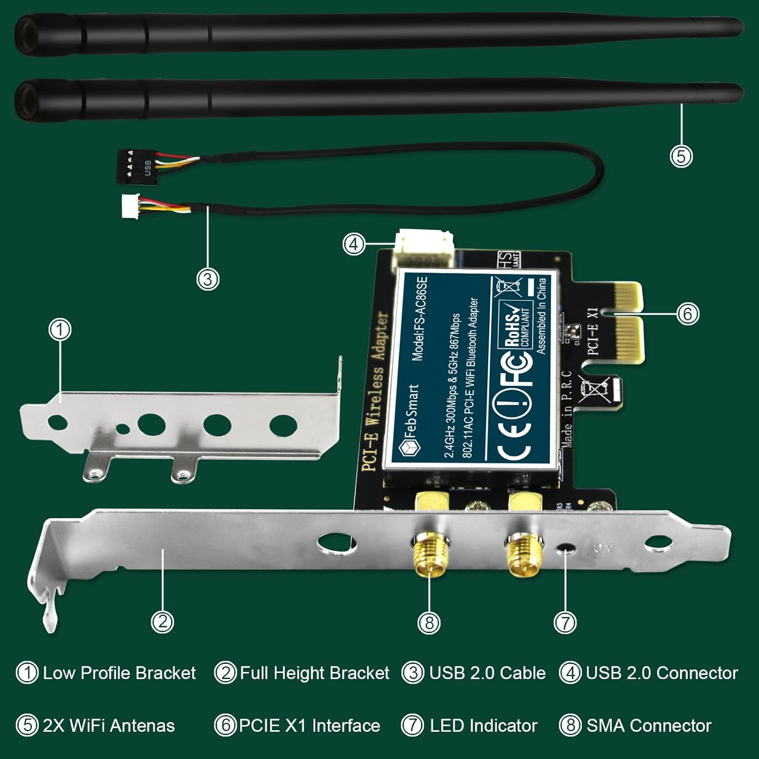 Wireless-AC Dual Band 1200Mbps (2.4GHz 300Mbps and 5GHz 867Mbps) PCI Express WiFi Card for Windows XP, 7, 8.x, 10, 11 (32/64bit) and Windows Server Desktop PCs, PCIE WiFi Adapter (FS-AC86SE)