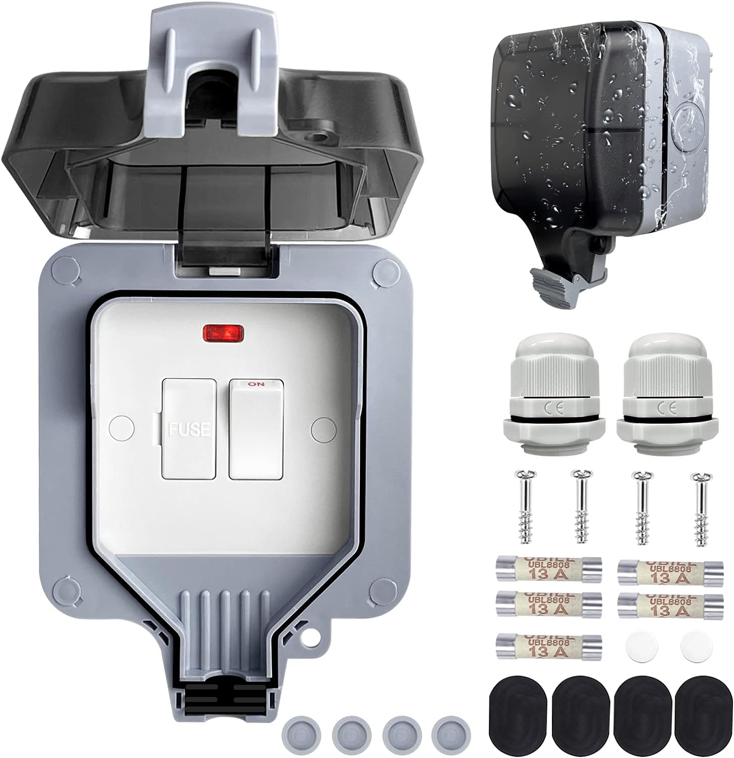 Outdoor Socket Fused Spur, Switched Fused Spur with Neon,Ip66 Switched Socket Covers,Weatherproof Switched Fused Connection Unit,Wall Electrical Outlets Sockets Outdoor Switched Power Socket Box