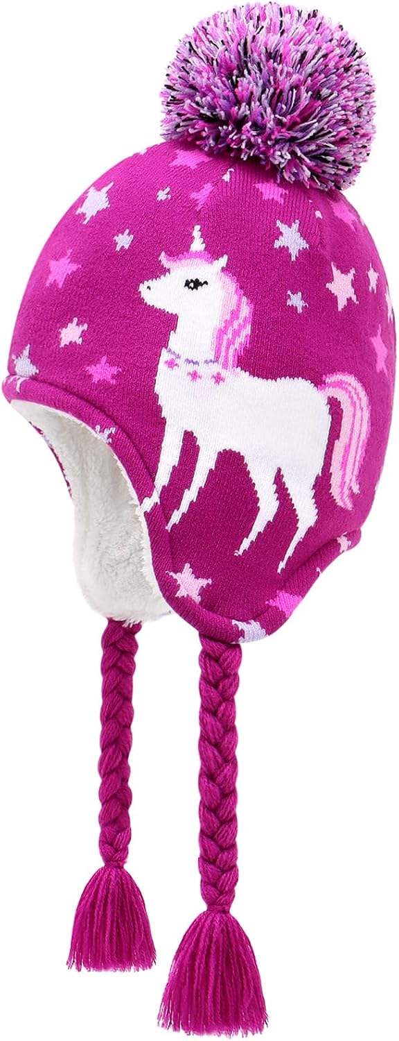 Winter Peruvian Hat Earflap Fleece Lined Pompon Knit Hat Beanie for 3-10T Baby Girls