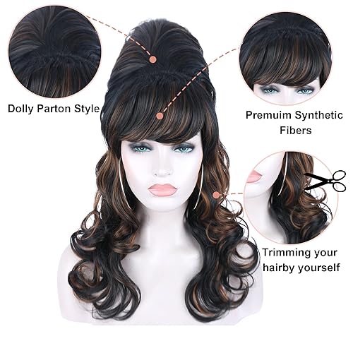 Miniatura 10 de Kalyss Peluca de colmena negra natural para mujer rizada ondulada larga resistente al calor pelucas de disfraz de cosplay negro natural