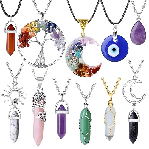 XIANNVXI 11 Pcs Crystal Necklaces for Women Witchy Jewelry Spiritual Gift | Crystals Necklace Set Evil Eye Necklace Boho Jewelry for Women Chakra Hippie Pendant Beach Jewelry Gifts for Women