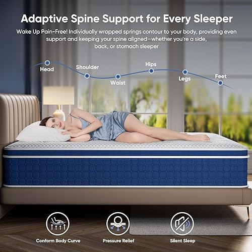 Miniatura 6 de Colchón híbrido de firmeza media con espuma viscoelástica, resortes individuales, soporte de borde, aislamiento de movimiento, alivio de presión,