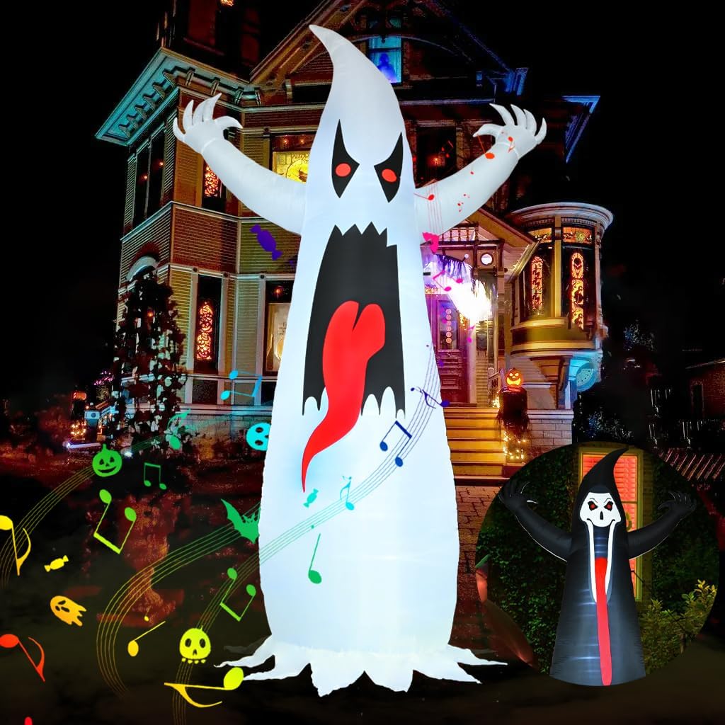 10.3FT Halloween Inflatables Grim Reaper, Spooky Ghost with Sounder Outdoor Decorations, Double-Sided Design Ghost with Build-in LED Lights Halloween Blow Up Yard Decorations for Lawn/Garden Decor