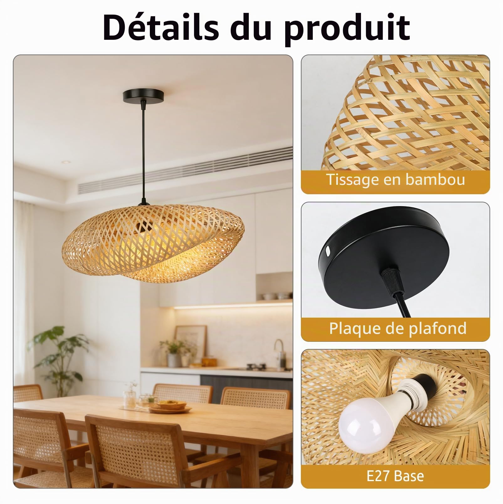 JAOGAUS Suspension en Bambou, Diamètre 60 cm, Ampoule non Incluse