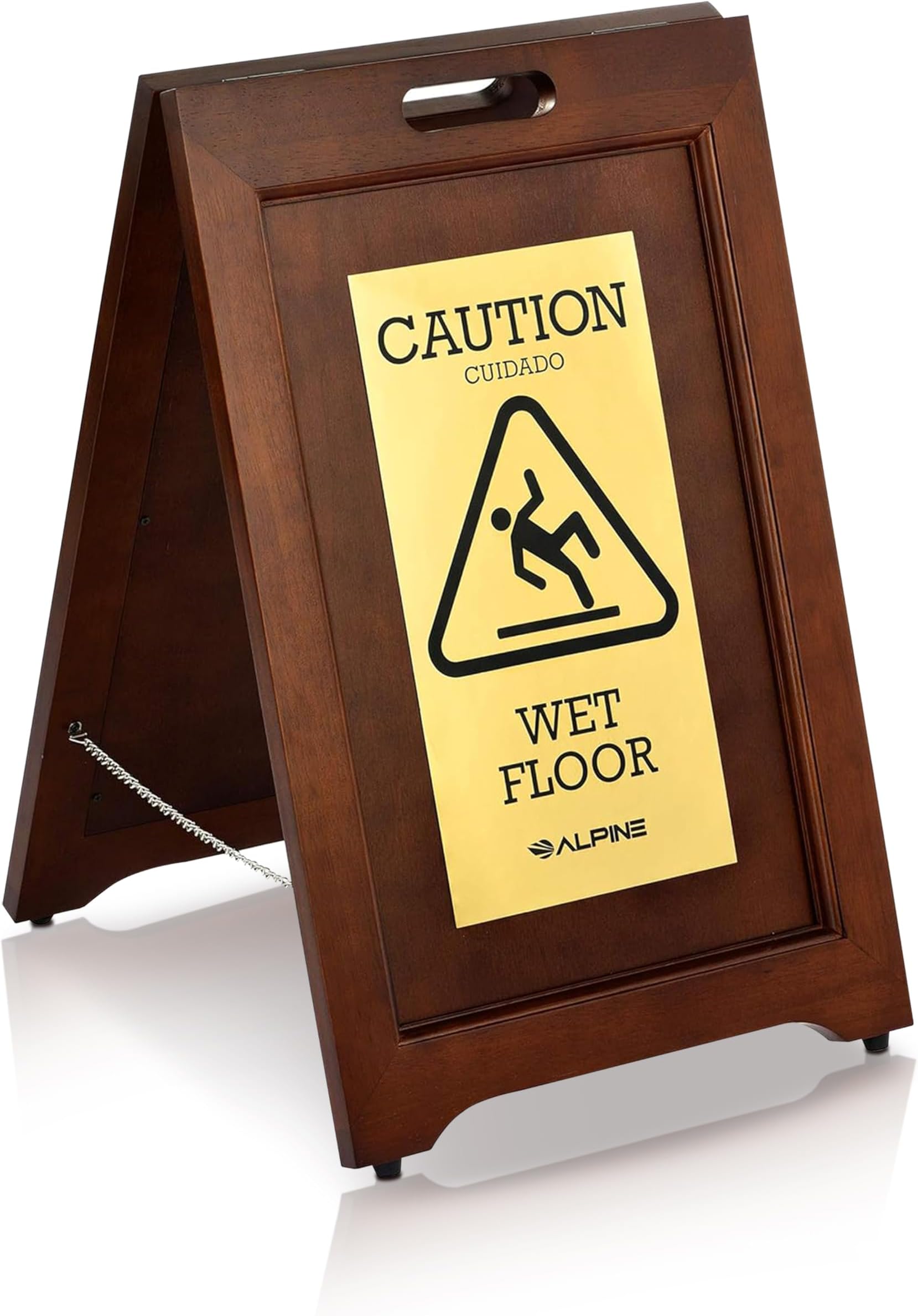 Alpine 2-Sided Wooden Brass Plated Wet Floor Sign - A-Frame Warning Notice - Sturdy Double Sided Fold Out Bilingual Floor Safety Alert Ideal for High End Commercial Use