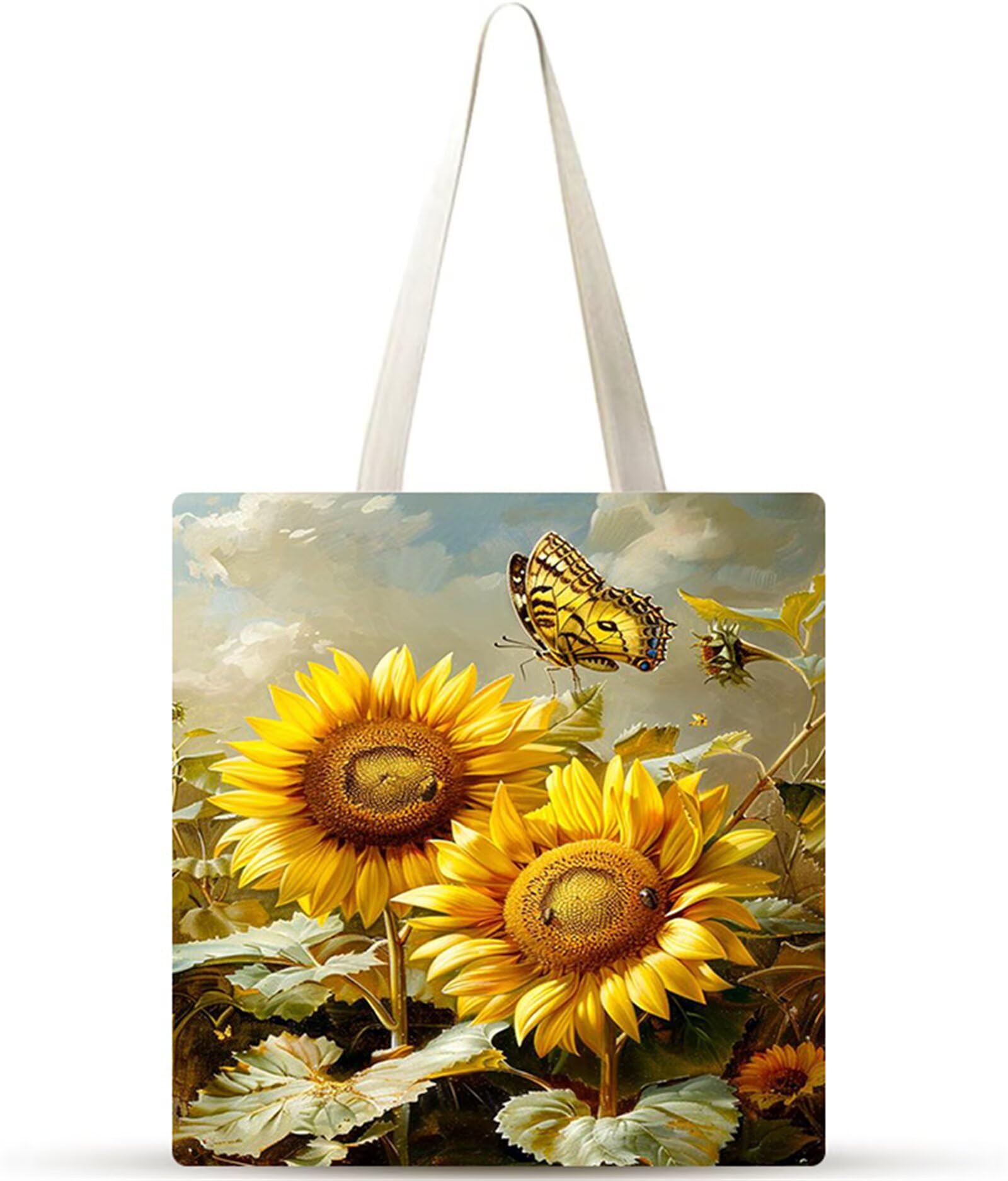 Mariposa girasol Bolsa de Lona,Tote Bag sin Cremallera,Canvas Tote Bags para Mujer Bolsa de Compras Plegable, Bolso de Mano Lavable para Compras, Trabajo, Vida Cotidiana, Viajes