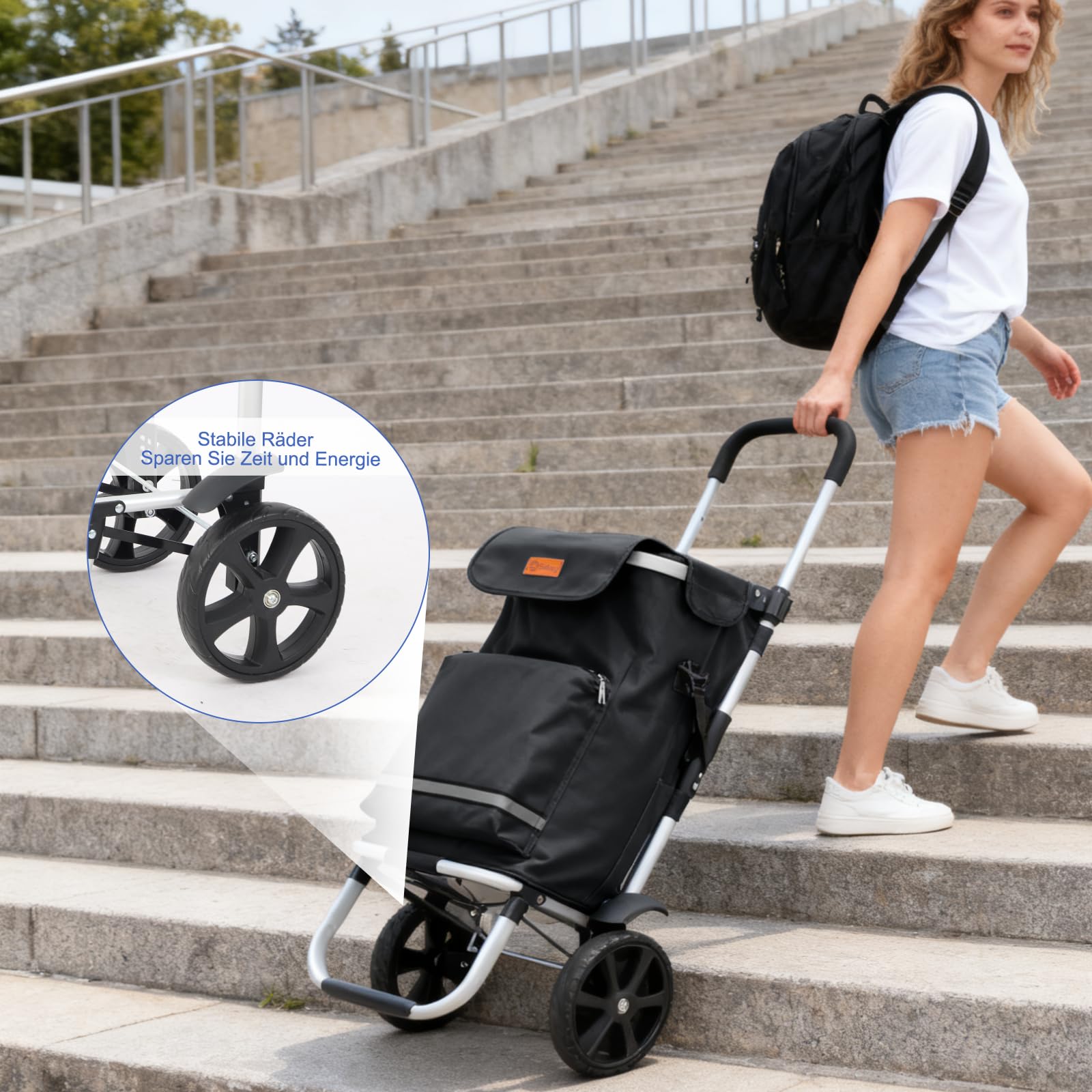 Sekey Einkaufstrolley faltbar 60L, 3-in-1 Einkaufswagen klappbar aus Aluminium, höhenverstellbarer Griff, mit Kühlfach und Getränkefach, extra groß für Einkauf & Camping, Schwarz