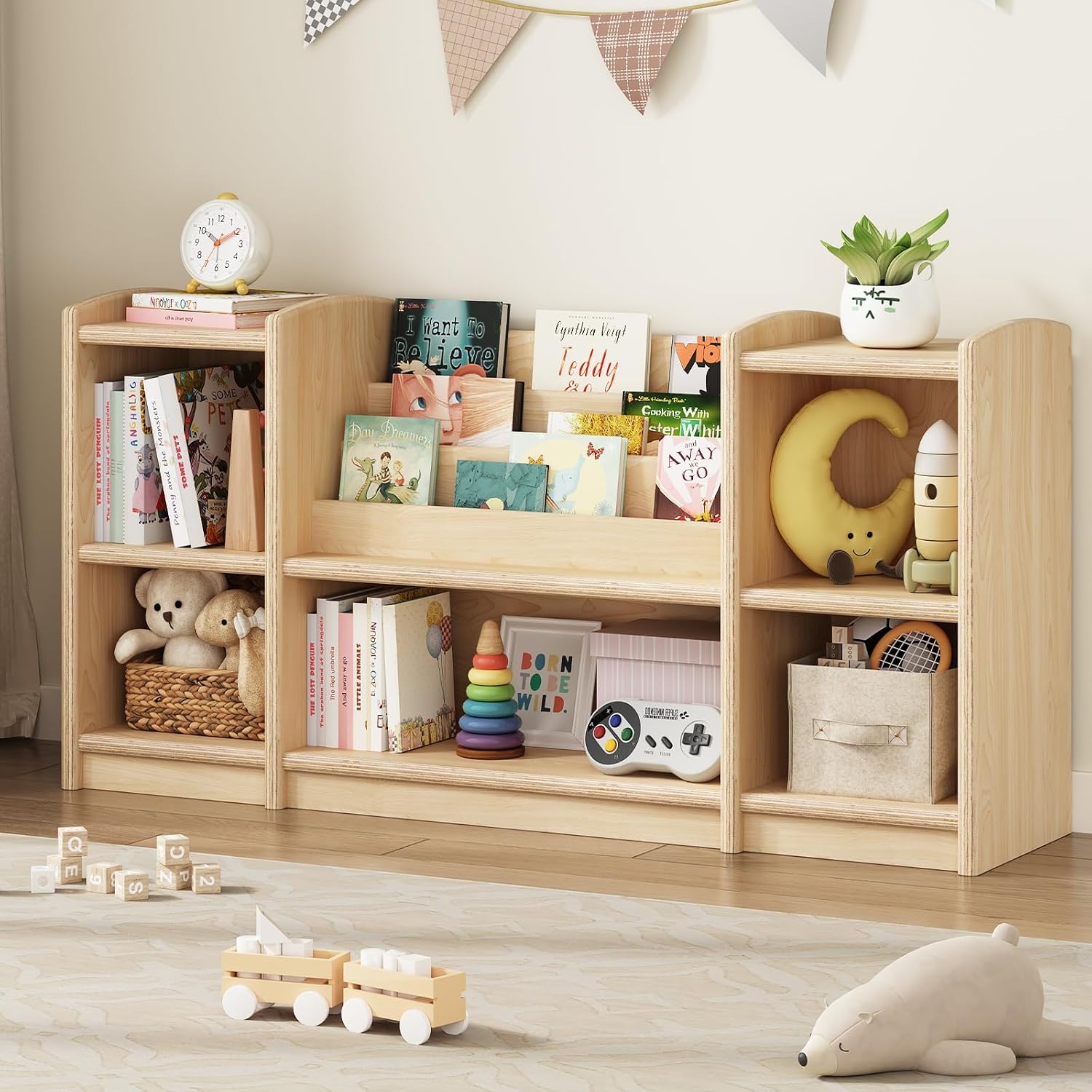 Wooden Montessori Shelf, Toddler Bookshelf Display and Toy Storage, Baby Bookcase Furniture for Kids Room Playroom Nursery Classroom, Natural