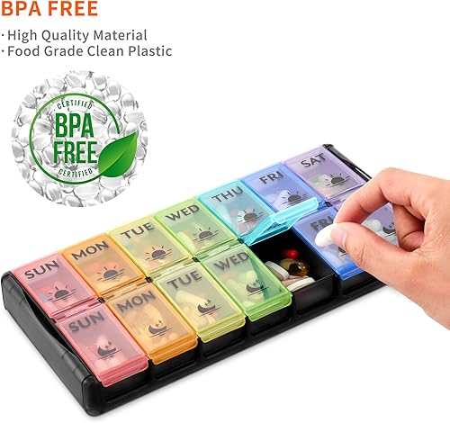 Miniatura 5 de FGcase - Pastillero extragrande 2 veces al día, pastillero FGcase Easy Fill AM PM, gran capacidad, recarga rápida de 7 días para pastillas,