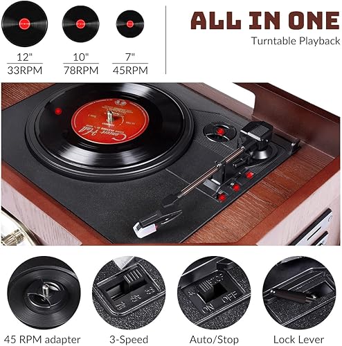 Miniatura 4 de Sistema estéreo clásico de madera 10 en 1 con conexión Bluetooth, reproductor de discos de vinilo, AMFM, CD, cassette, USB, ranura SD. 2 altavoces
