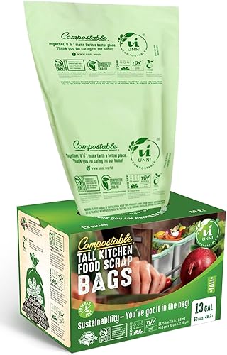 UNNI Bolsas 100% compostables, 13 galones, 49.2 litros, 50 unidades, resistentes 0.85 mil, bolsas altas de residuos de alimentos de cocina, ASTM