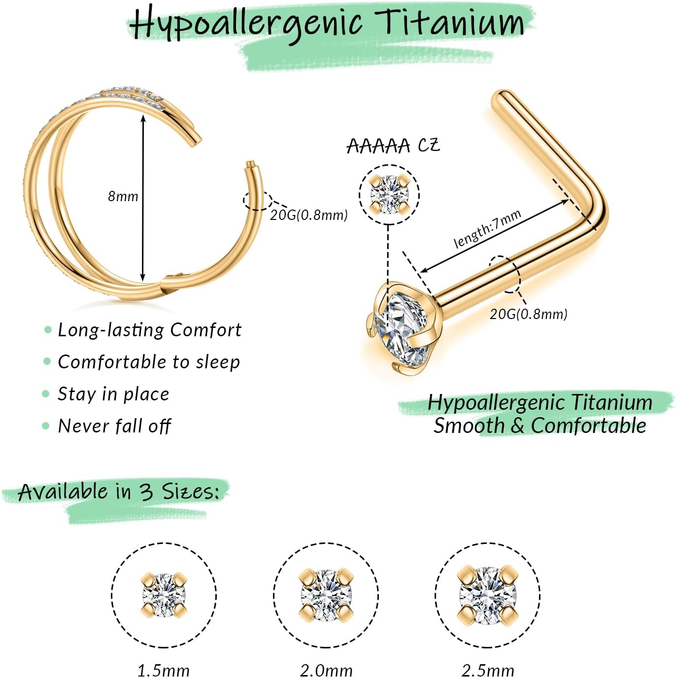 FUNLMO Double Hoop Nose Ring Nose Piercings Nose Studs Septum Rings Cartilage Earring Tragus Helix Conch Rook Daith Piercing Jewelry L Shaped Nose Screw G23 Titanium 20G Gold